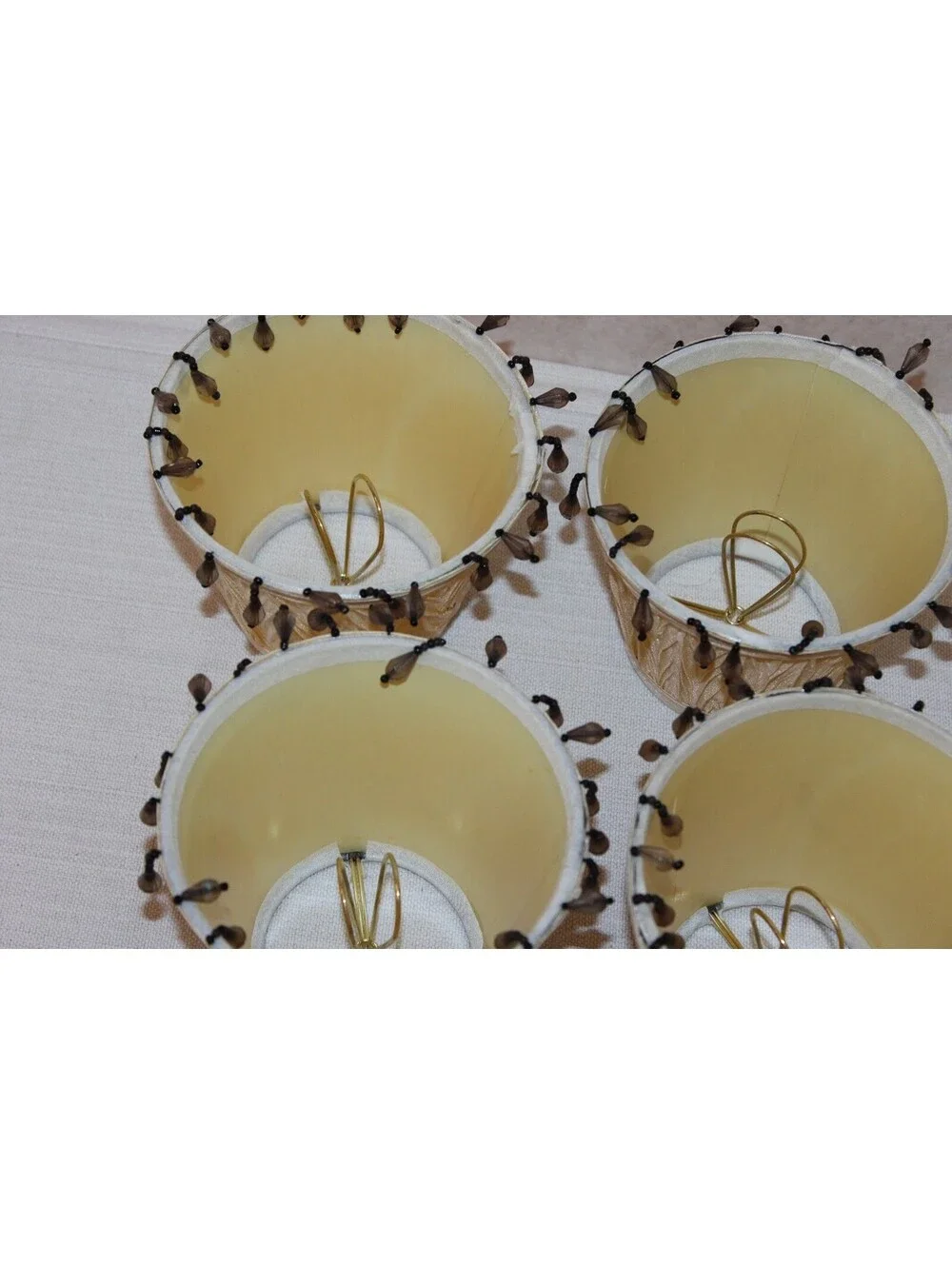 Vintage Clip-On Chandelier Lamp Shades Cream Pleated Beaded Fringe Set of 4